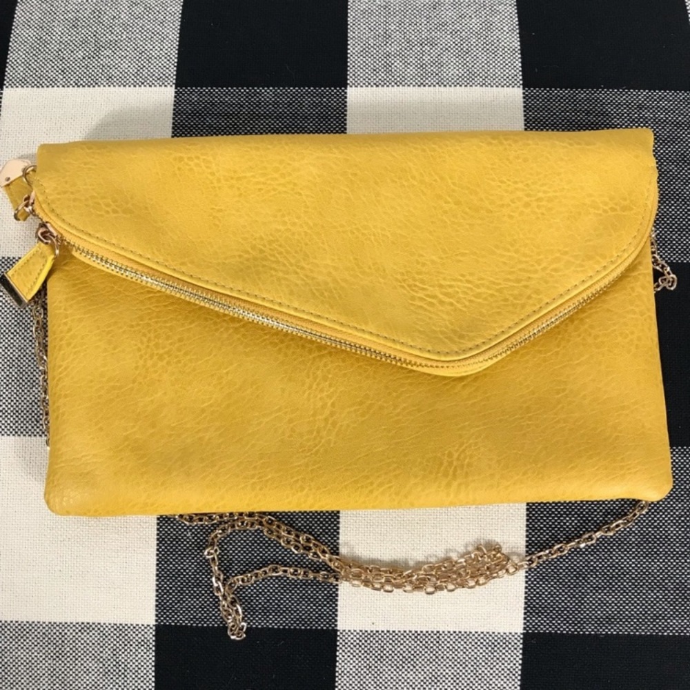 Mustard Yellow Purse with Gold Chain black and white striped interior